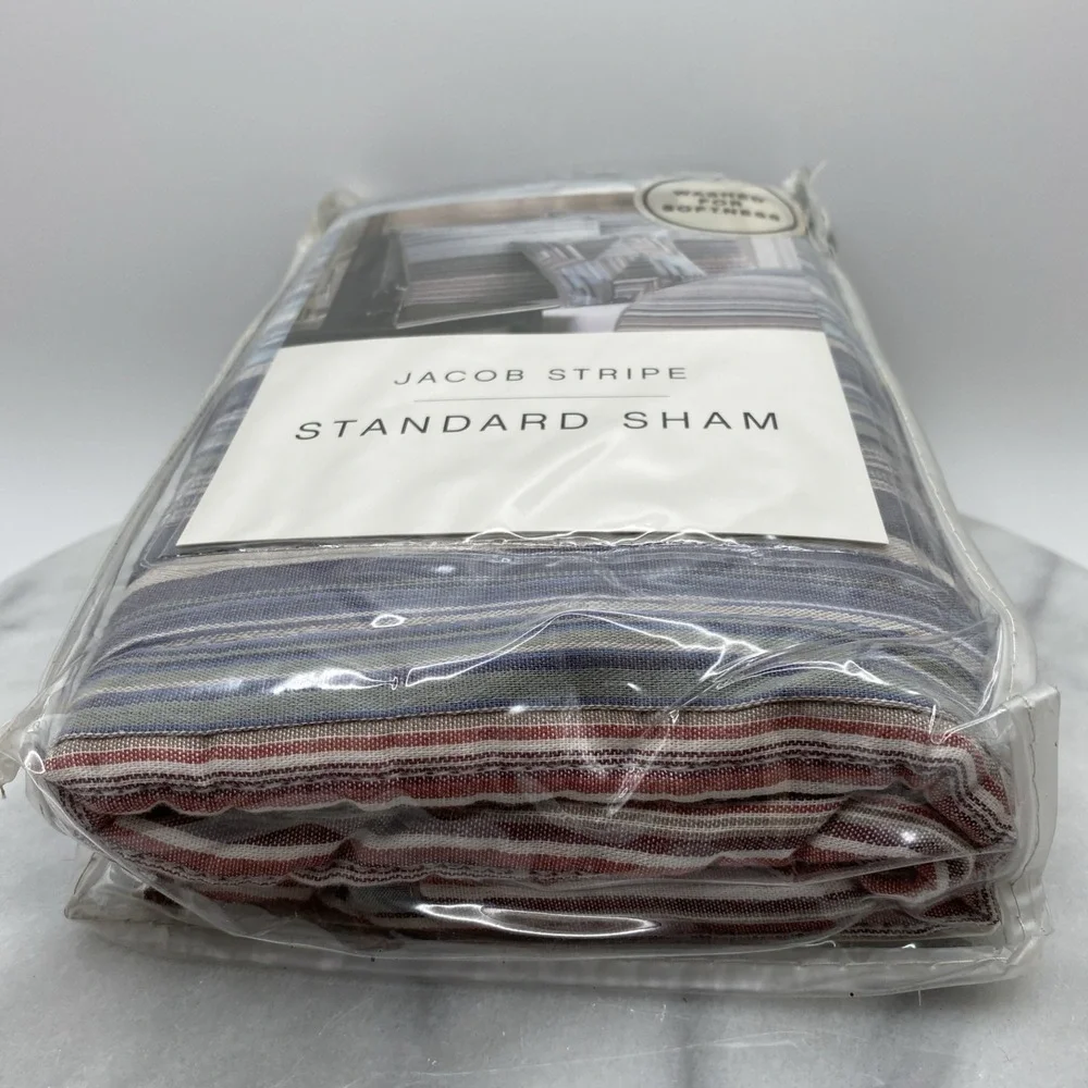 Jacob Stripe Standard Sham 20in x 26in Blue Teal Gray Brown Beige Cottage Cabin